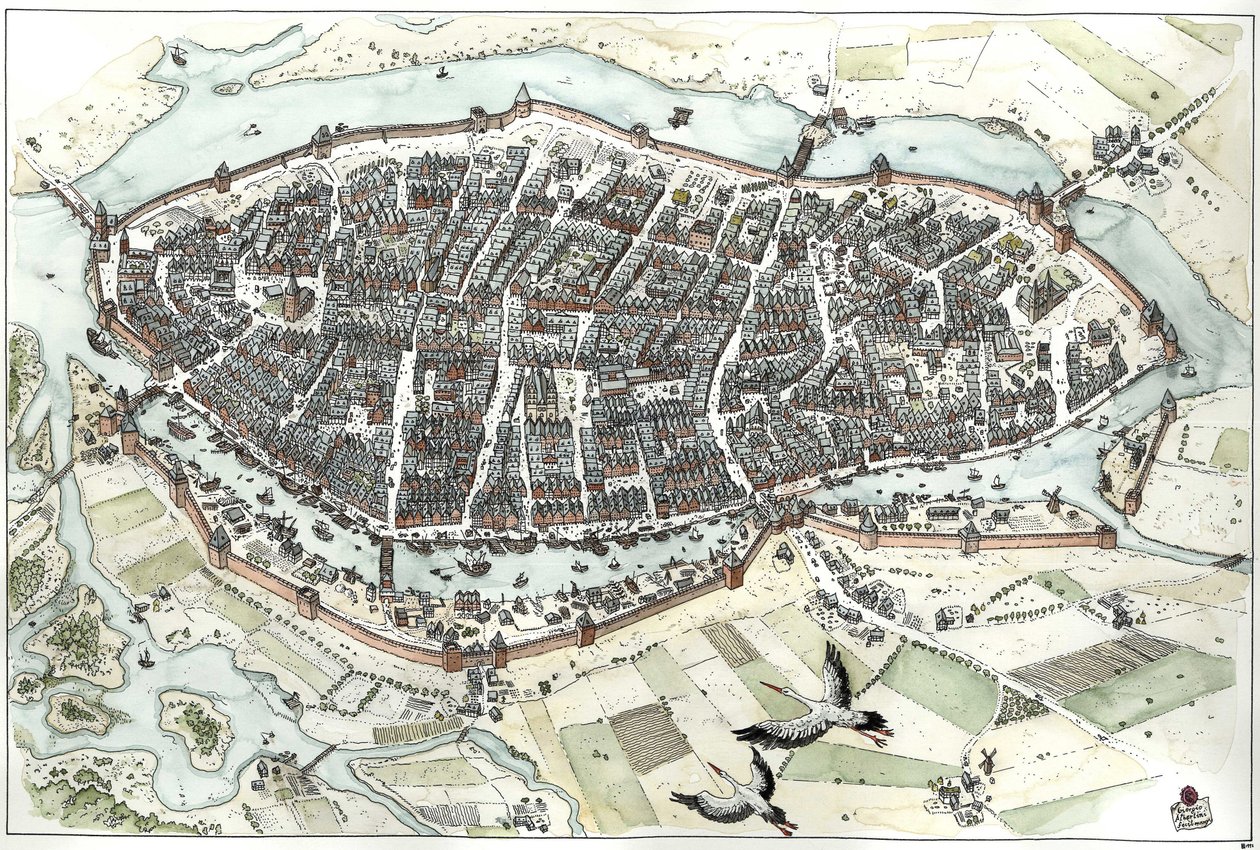 Middeleeuwen: luchtfoto van de stad Lübeck in Duitsland met stratenplan, waarop de geografische ligging op een eiland bij de samenvloeiing van de rivieren Wakenitz en Trave te zien is. 15e eeuw. Duitsland Illustratie door Giorgio Albertini. (Het gebruik va door Giorgio Albertini