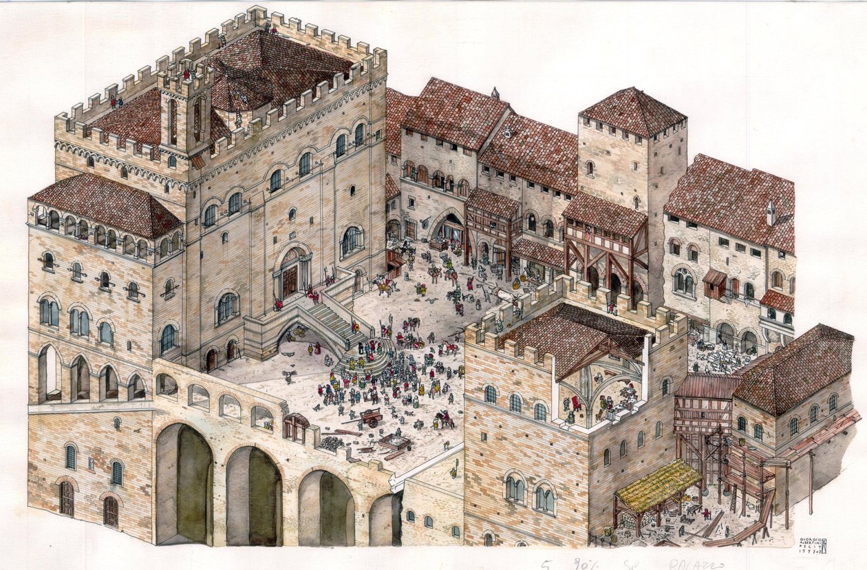 Middeleeuwen: luchtfoto van het centrale plein van de stad Gubbio (Umbrië) in Italië in de 14e eeuw. Links is het paleis van de Consuls te zien. door Giorgio Albertini