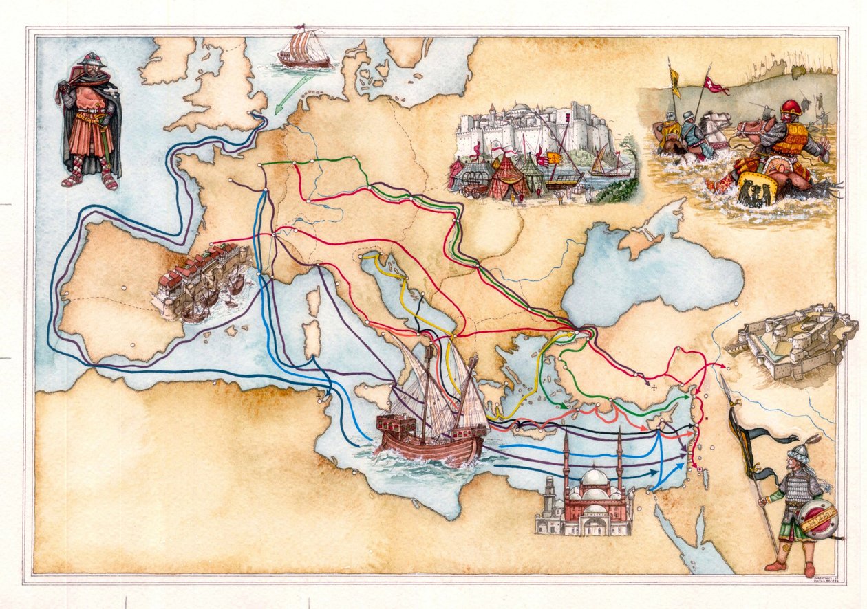Middeleeuwen: kaart van Europa en het Midden-Oosten met de land- en zeeroutes die werden gebruikt tijdens de verschillende kruistochten door Giorgio Albertini