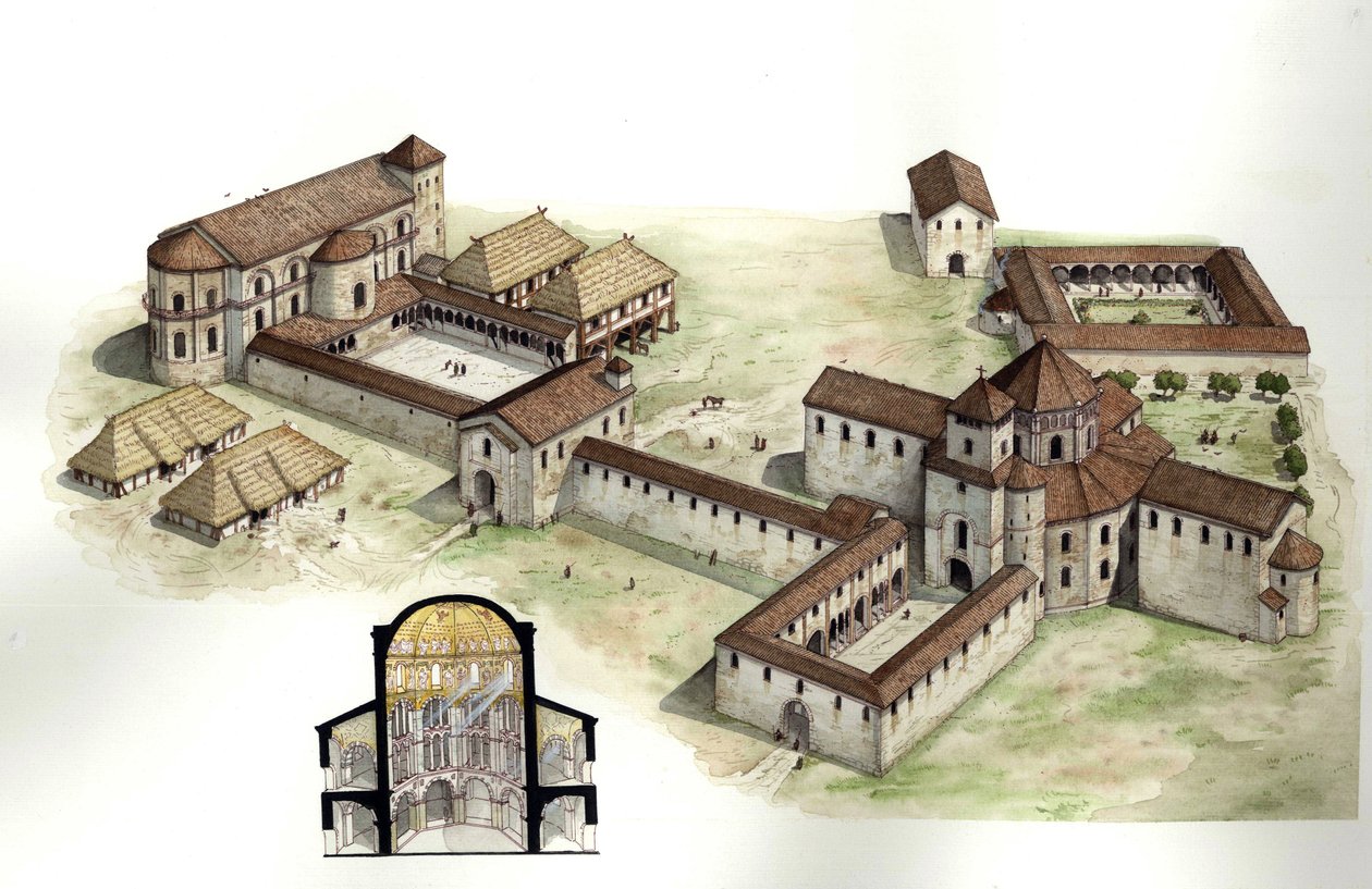 Middeleeuwen: overzicht, en dwarsdoorsnede van de reconstructie van het paleis van Karel de Grote (ca. 742-814) gerealiseerd door de architect Eudes de Metz rond 794 in Aken (Aachen) Duitsland. Illustratie door Giorgio Albertini. (Het gebruik van de werken door Giorgio Albertini