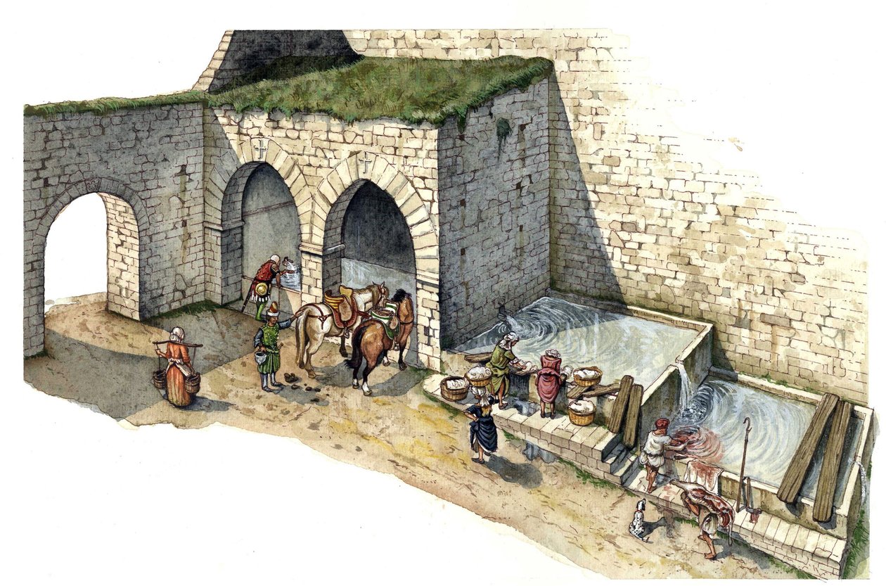 Middeleeuwen: reconstructie van een bronwaterfontein in Midden-Italië in de 15e eeuw. Het wordt gebruikt als wasplaats, drenkplaats en waterpunt voor de inwoners van de stad. door Giorgio Albertini