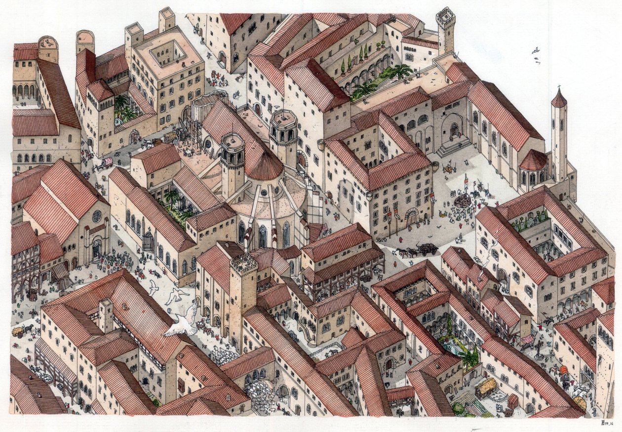 Middeleeuwen: reconstructie van de historische wijk Barri Gotic (barrio gotico) in Barcelona in de 14e eeuw. De Cathedrale Sainte-Eulalie (Sint Eulalie) is zichtbaar. Spanje Illustratie door Giorgio Albertini. (Het gebruik van het werk van deze auteur is n door Giorgio Albertini