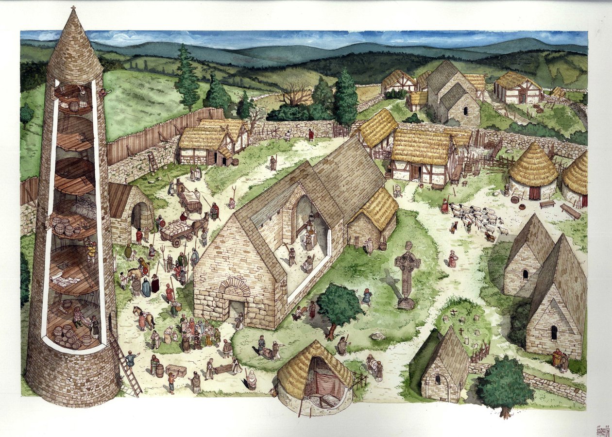 Middeleeuwen: reconstructie van het oude klooster van Glendalough gesticht door Saint Kevin, een kluizenaar-priester. De site werd in de 9e eeuw een plaats voor religieus onderwijs. In dwarsdoorsnede is een ronde toren zichtbaar, een Keltisch kruis. 9e eeu door Giorgio Albertini