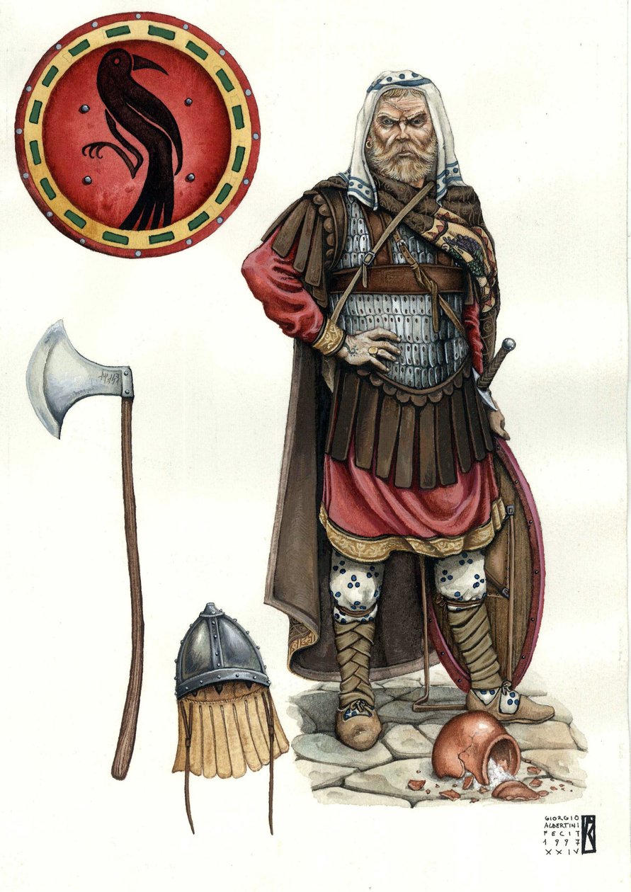 Middeleeuwen: soldaat van de Varangiaanse garde (of varegue garde), elitekorps van het Byzantijnse leger door Giorgio Albertini