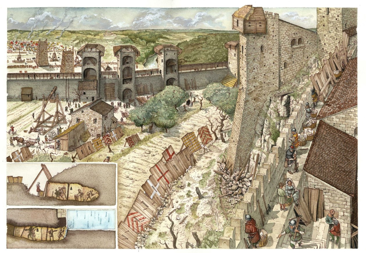 Middeleeuwen: de belegering van de stad Viterbo (Viterbo) bij Rome, begeerd door de Guelfes, aanhangers van de paus en door de Gibelins, aanhangers van het leger van keizer Frederik II Hohenstaufen (1194-1250) in 1240. Italië. Linksonder is een beschrijvin door Giorgio Albertini