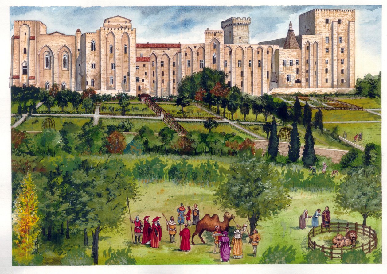 Middeleeuwen: uitzicht op het Pausenpaleis in Avignon, toen het de residentie van de pausen was. In de tuin wandelen leden van de curie om exotische dieren te bewonderen (kameel, leeuwen) 14e eeuw. door Giorgio Albertini