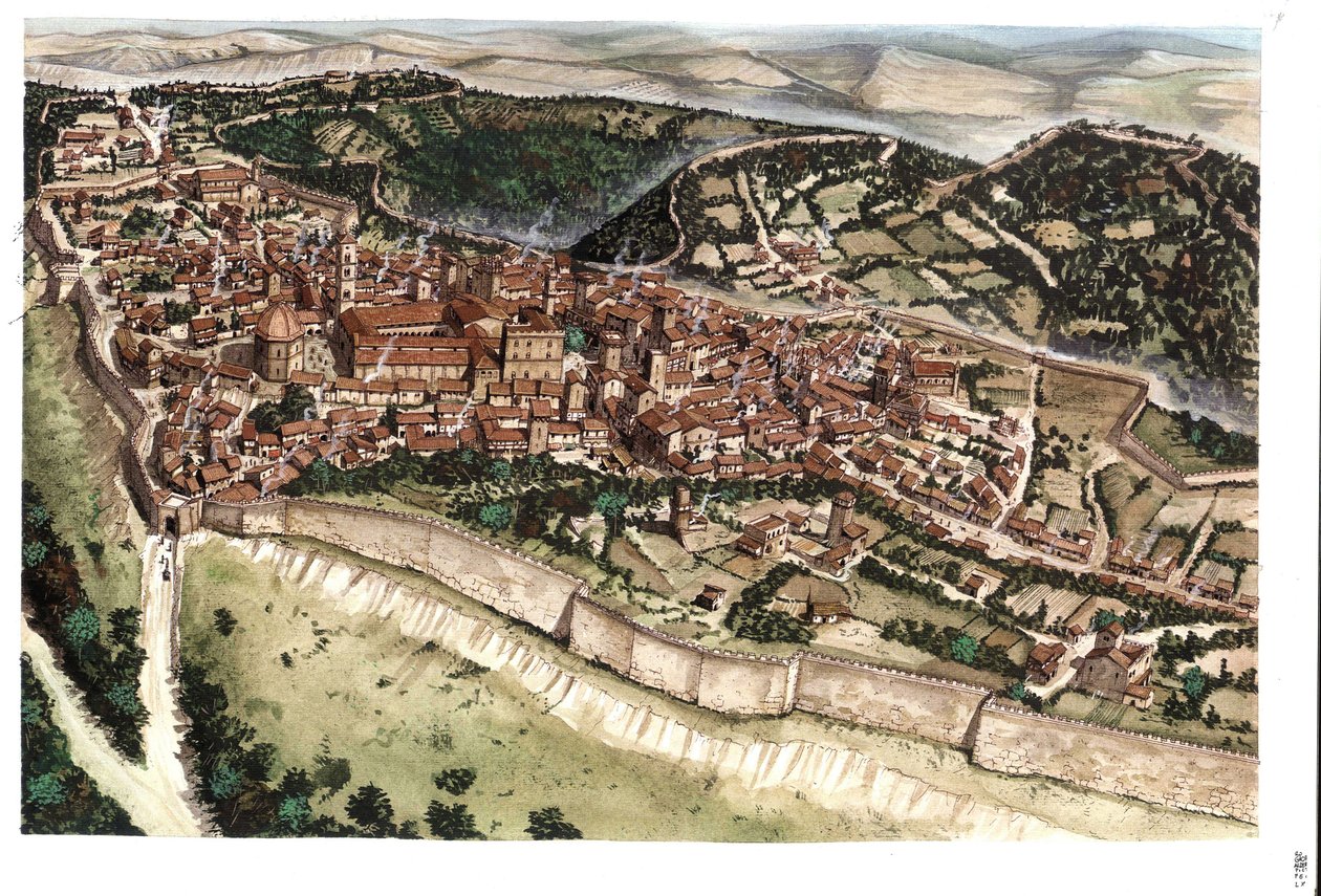 Middeleeuwen: zicht op de middeleeuwse stad Volterra, omringd door stadsmuren, in de 14e eeuw. Toscane. Italië Illustratie door Giorgio Albertini. (Het gebruik van de werken van deze auteur is niet onderworpen aan een aanvraag voor toestemming van een derd door Giorgio Albertini