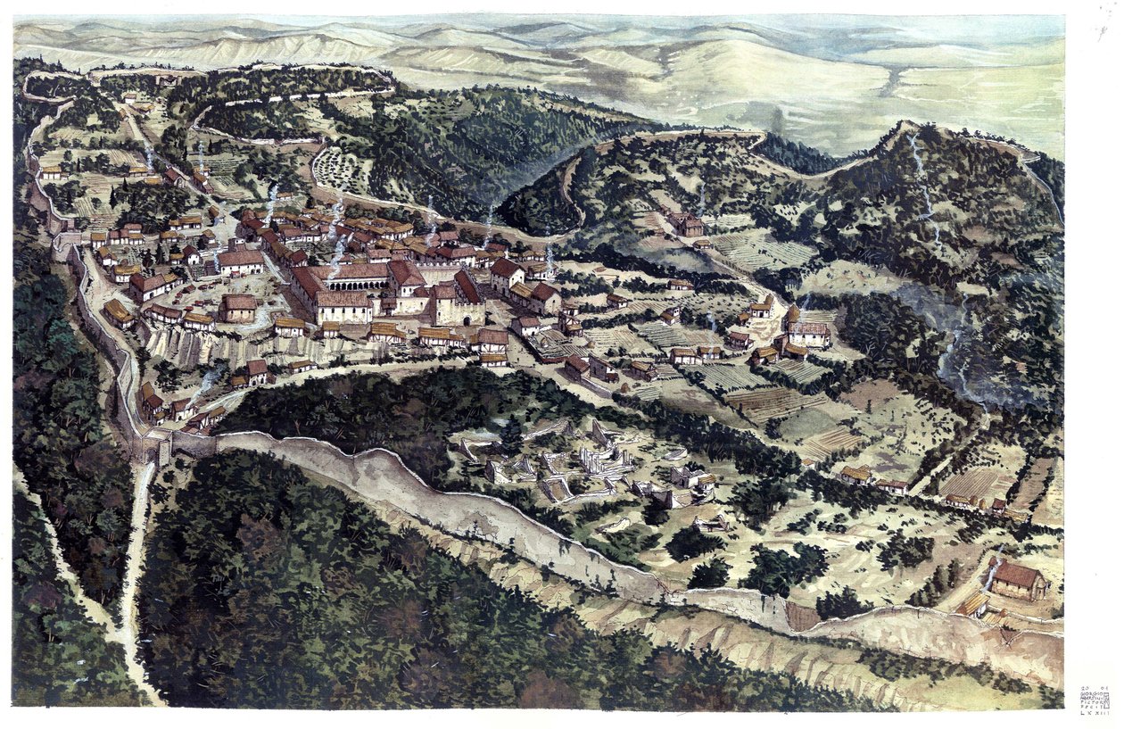 Middeleeuwen: zicht op de middeleeuwse stad Volterra, omringd door stadsmuren, in de 10e eeuw. Toscane. Italië Illustratie door Giorgio Albertini. (Het gebruik van de werken van deze auteur is niet onderworpen aan een aanvraag voor toestemming van een derd door Giorgio Albertini
