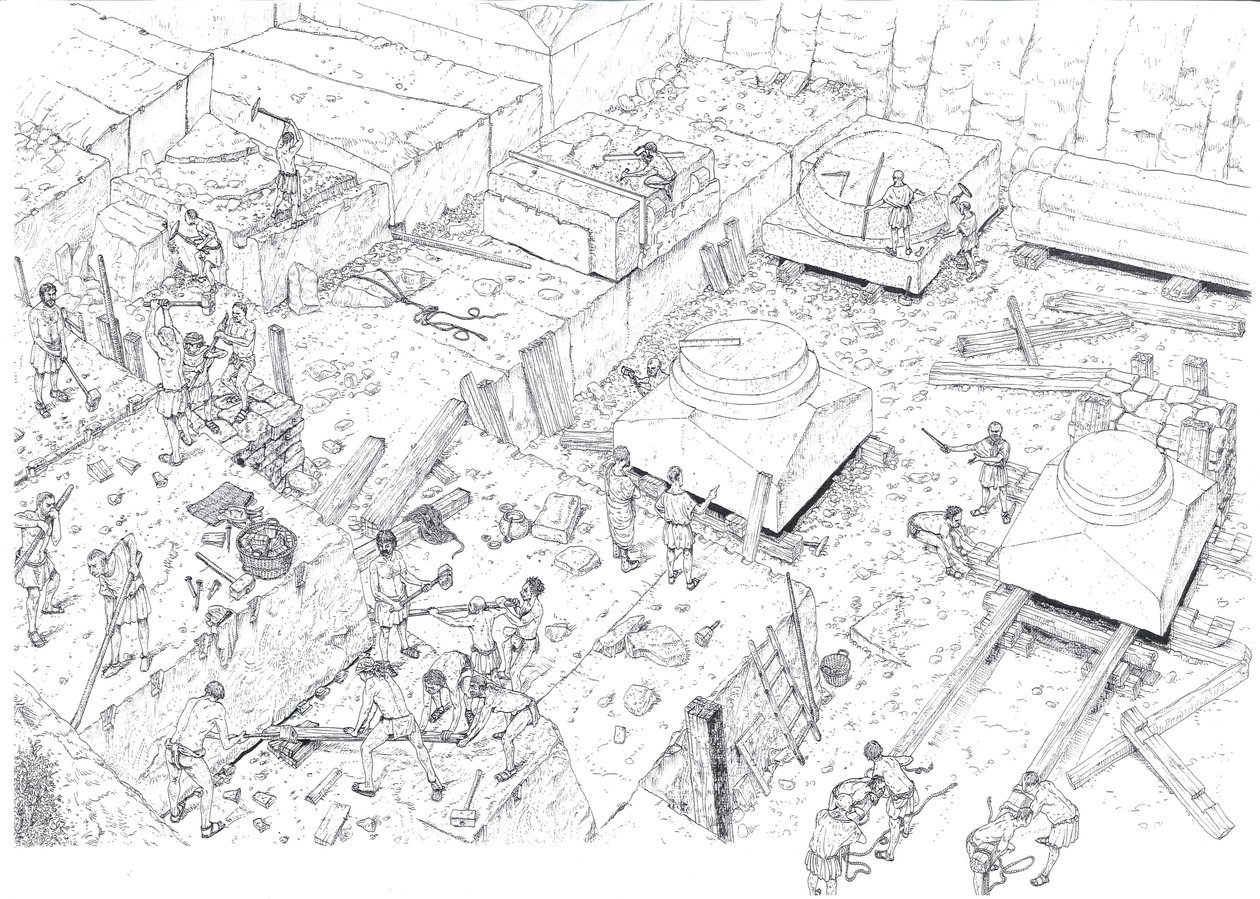 Middeleeuwen: aanzicht van arbeiders aan het werk in de marmergroeven van Carrara (Carrara) in de 15e eeuw. Italië Illustratie door Giorgio Albertini. (Voor het gebruik van de werken van deze auteur is geen toestemming van derden vereist. o door Giorgio Albertini