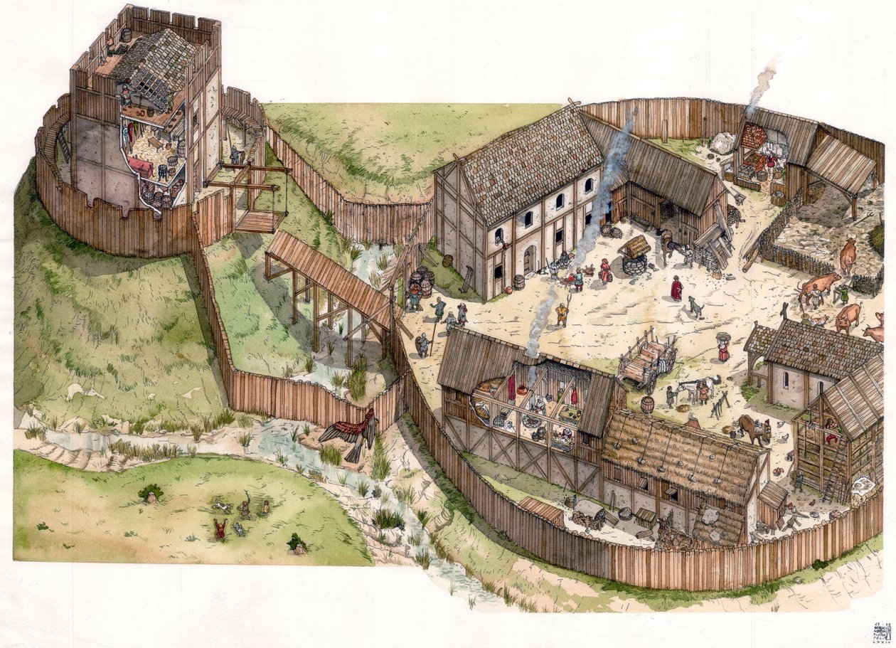 Middeleeuwen: dorp gebouwd aan de rand van een rivier, houten wallen en een versterkte toren. 11e eeuw door Giorgio Albertini