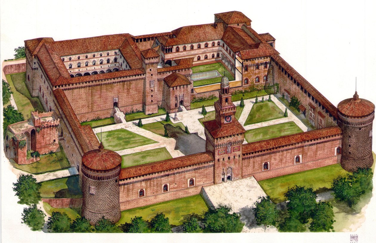 Overzicht van het kasteel van de vesting Sforza (Castello Sforzesco) gebouwd door hertog Francesco Sforza in de 15e eeuw in Milaan, Italië. door Giorgio Albertini
