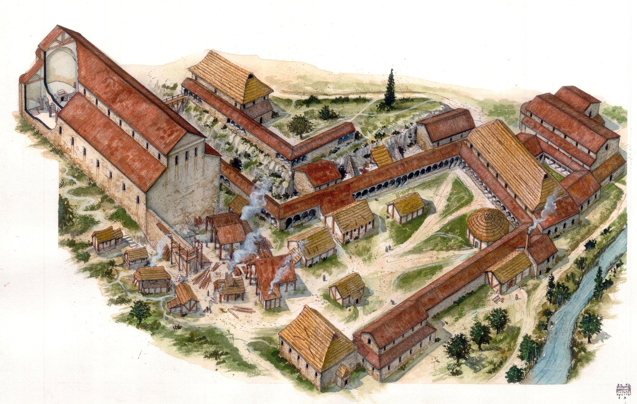 Preromaanse kunst: luchtfoto van het in de 8e eeuw gestichte zegeningenklooster van Sint-Vincentius (St. Vincent) van Volturne (Abbadia di San Vincenzo al Volturno). Castel san Vincenzo, Italië Illustratie door Giorgio Albertini. (Het gebruik van het werk  door Giorgio Albertini