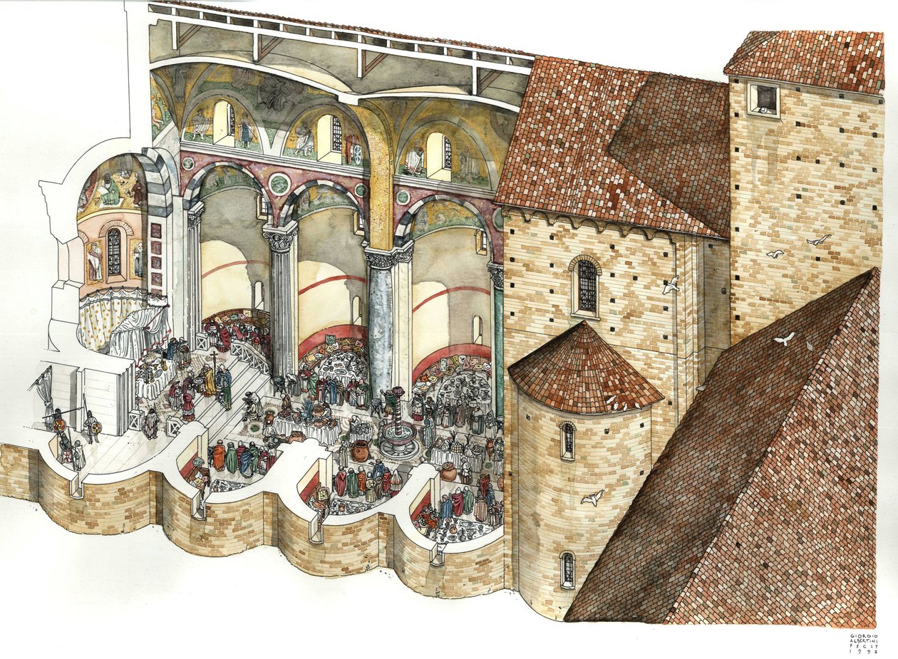 Reconstructie van de Basiliek van St. John Lateran (Saint John Laterano of San Giovanni in Laterano) in de 8e eeuw: de architectonische beker maakt het mogelijk om het triclinium en de inwijdingsceremonie van een paus te zien. Rome door Giorgio Albertini