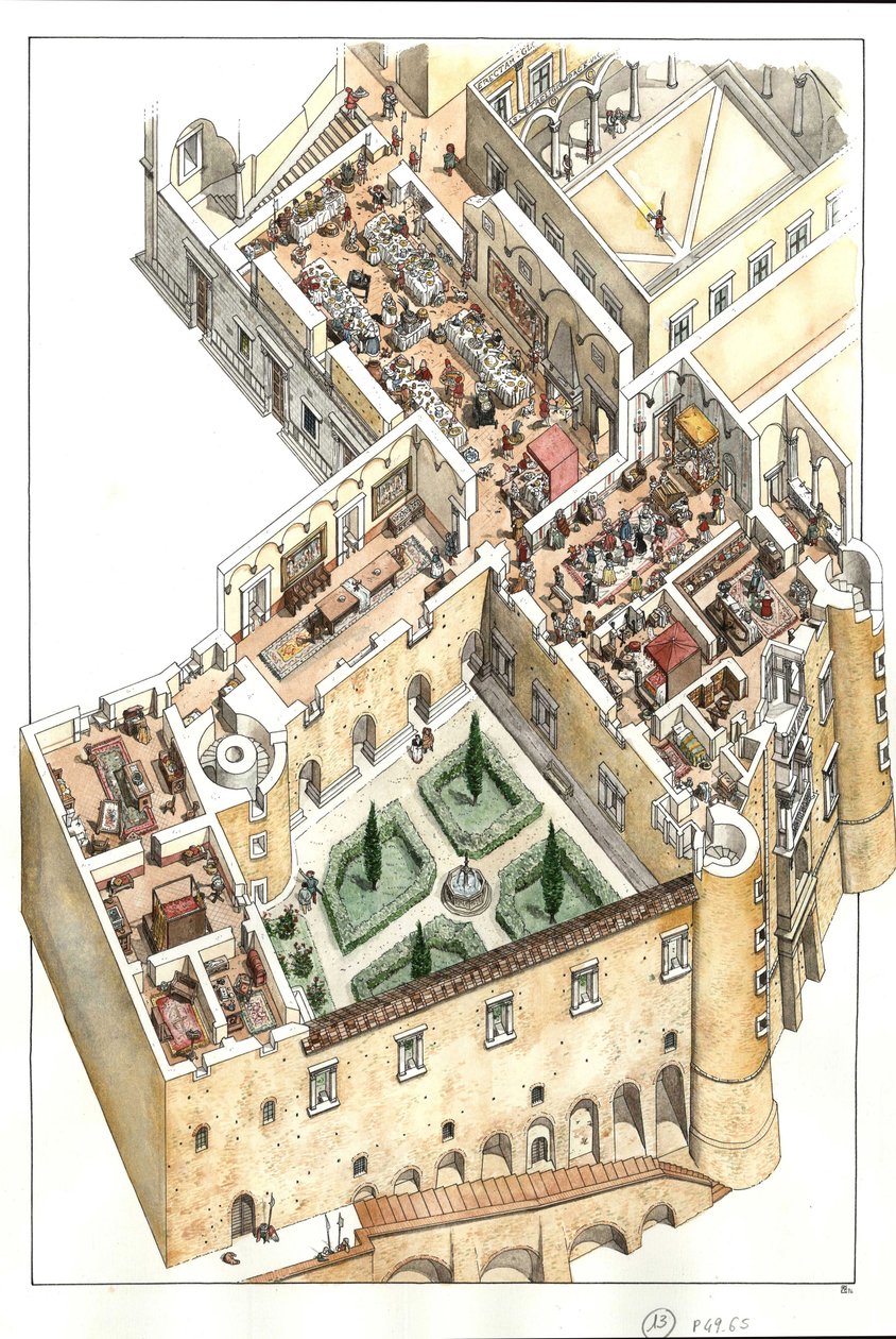 Reconstructie van de adellijke vloer van het hertogelijk paleis van Urbino, Italië. Het werd gebouwd door hertog Federico da Montefeltro (Frederic de Montefeltre, hertog van Urbino) in de 15e eeuw. door Giorgio Albertini