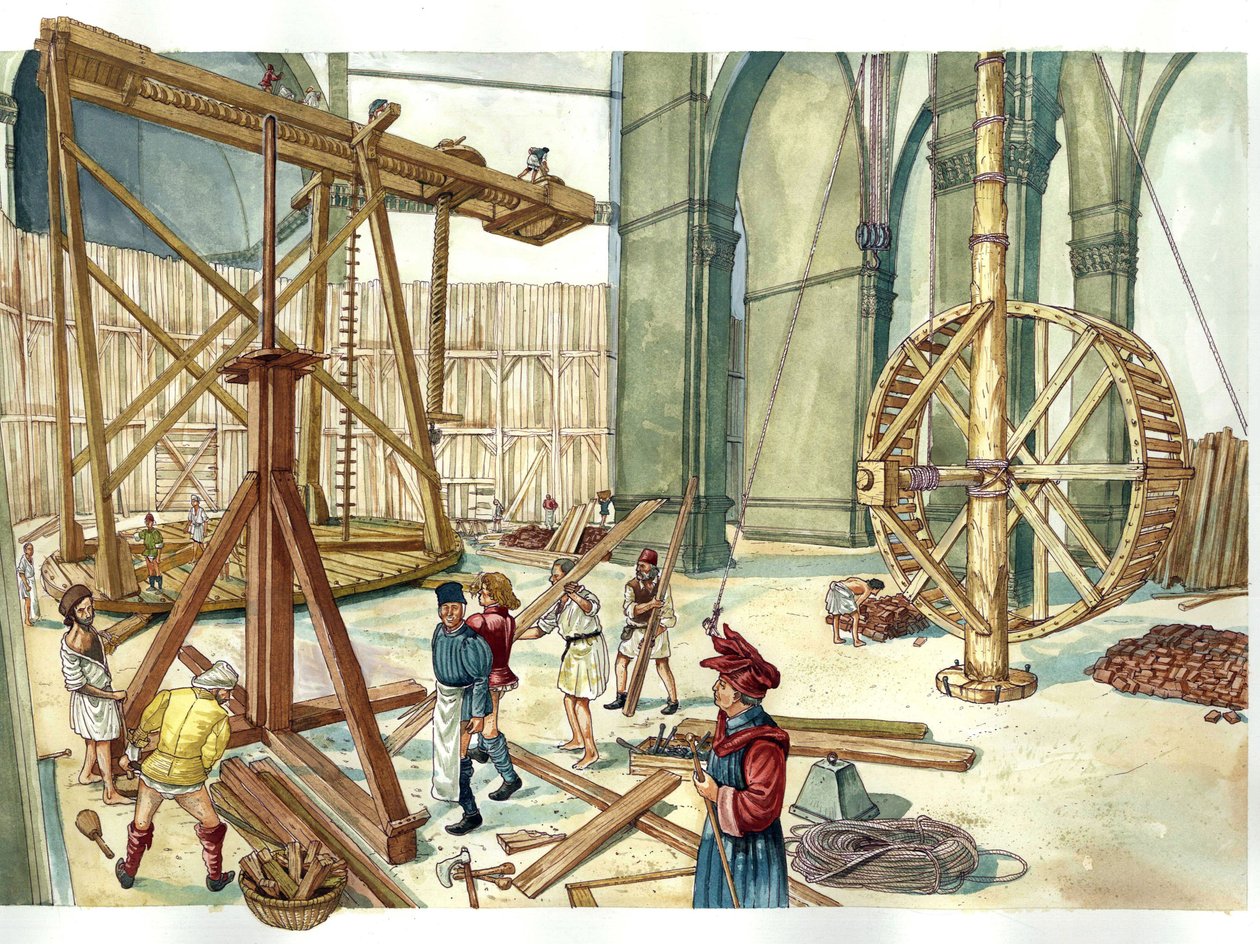 Renaissance: reconstructie van de bouwplaats van de koepel van de kerk Santa Maria del Fiore (Duomo) op de plannen van architect Filippo Brunelleschi. 1436. Florence Italië Illustratie door Giorgio Albertini. (Het gebruik van werken van deze auteur is niet door Giorgio Albertini