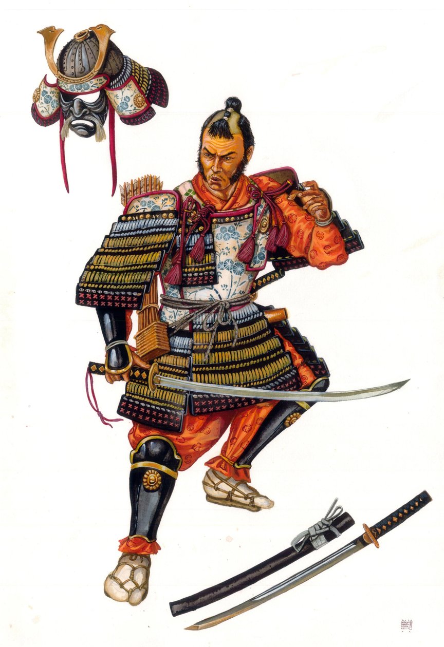 Voorstelling van een samurai (samoerai), een Japanse krijger in de 16e eeuw. door Giorgio Albertini