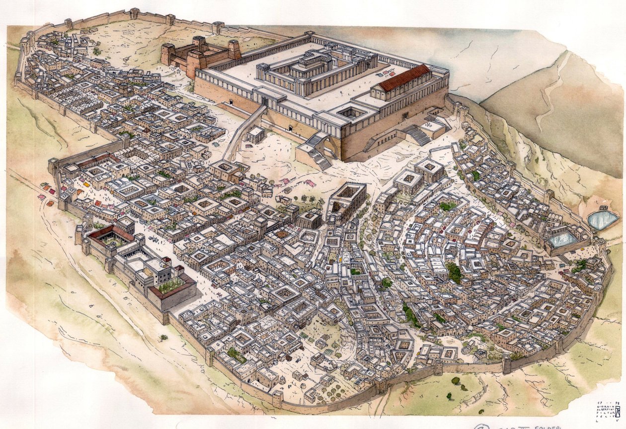 Romeinse oudheid: reconstructie van de stad Jeruzalem, de tempel domineert de stad, naast Fort Antonia, waar het Romeinse garnizoen was gehuisvest. Israël. door Giorgio Albertini