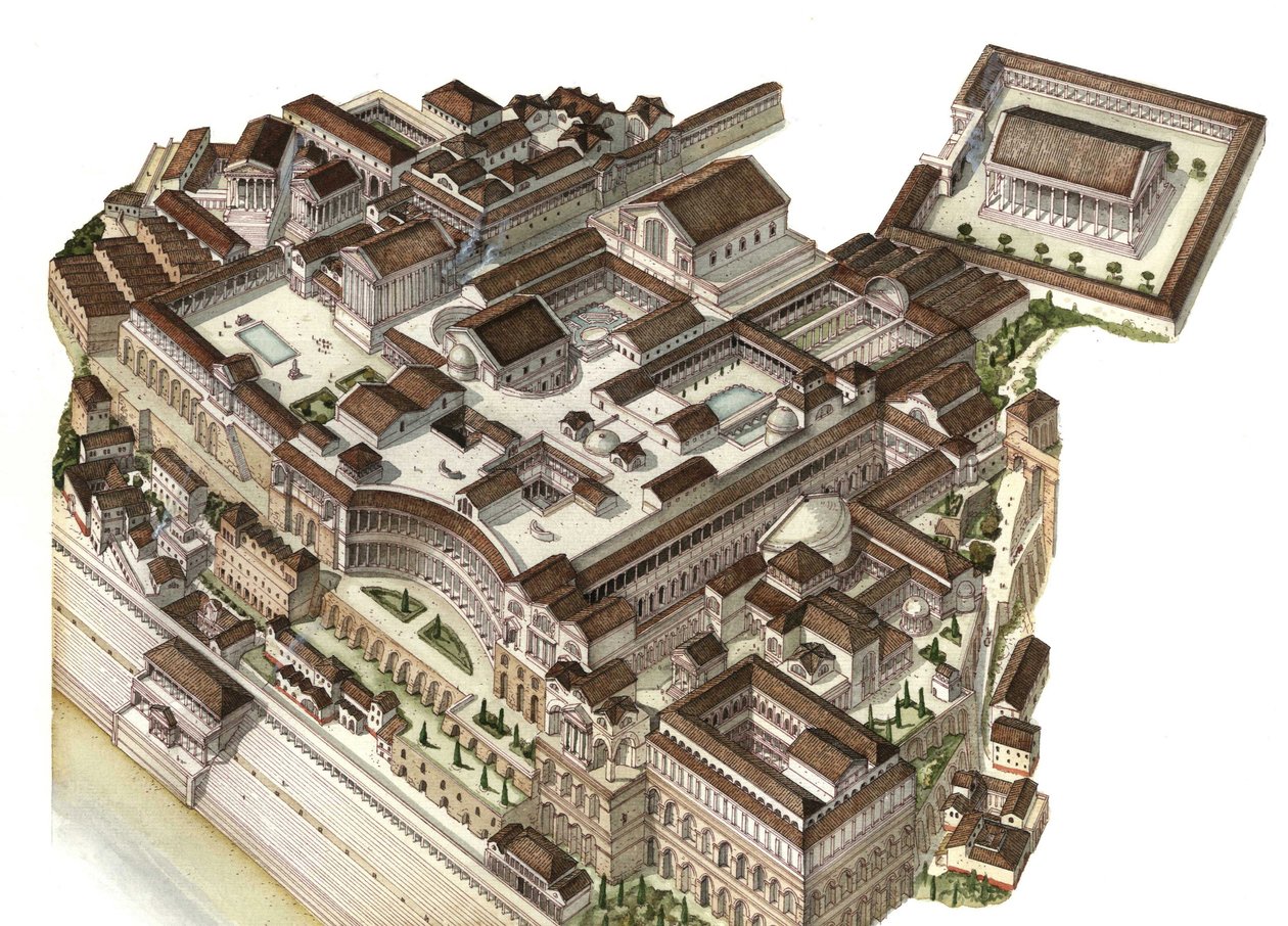 Romeinse oudheid: reconstructie van de berg Palatijn (Glue Palatino) in de 4e eeuw, opeenvolgende keizers (Augustus, Nero, Severe Septime) bouwden hun respectievelijke paleizen. Rome Italië door Giorgio Albertini