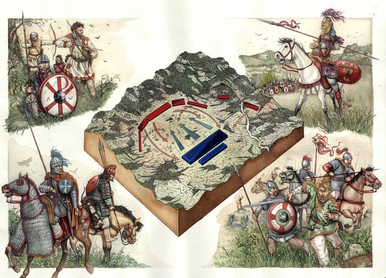 Gotenoorlog (535-553) tussen de Byzantijnen en de Ostrogoten: de Slag bij Taginae in juli 552, waardoor de Byzantijnen van Justinianus vanuit Ravenna over Rome konden marcheren. door Giorgio Albertini