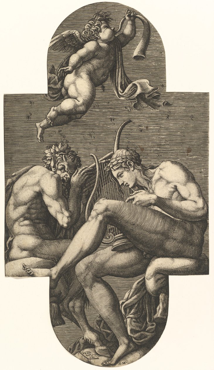 Apollo, Pan, en een putto die op een hoorn blaast, uit een serie van acht composities naar Frankrijk... door Giorgio Ghisi