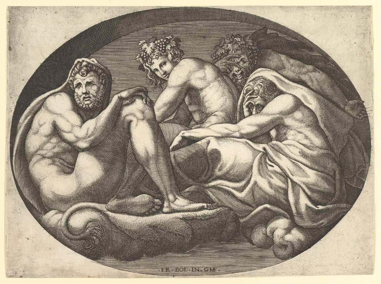 Hercules, Bacchus, Pan en Saturnus, uit een serie van acht composities naar Francesco P..., 1560s door Giorgio Ghisi
