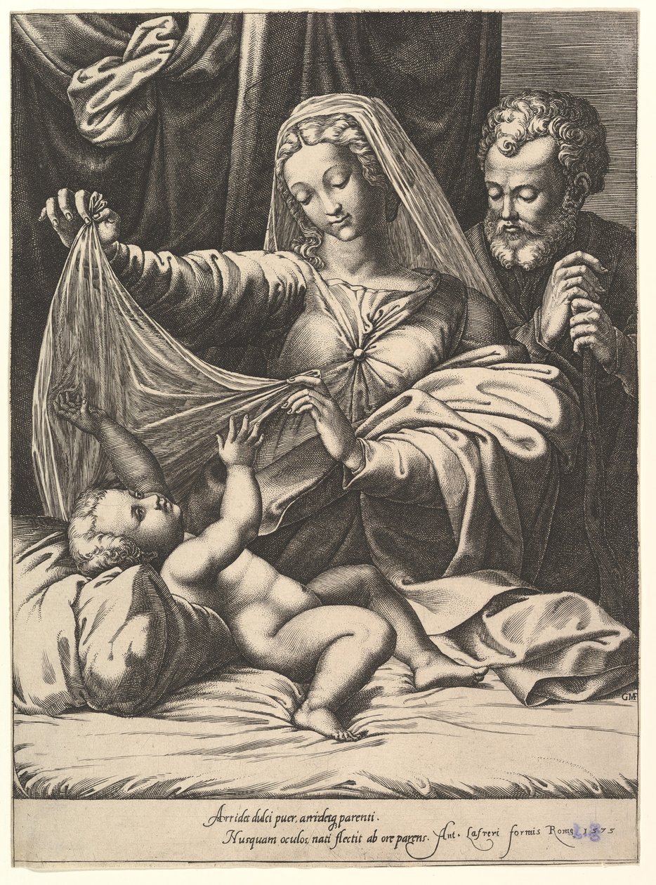 Madonna van Loreto, de Maagd tilt een sluier op boven het Kind, dat op een bed en kussen ligt, 1575 door Giorgio Ghisi