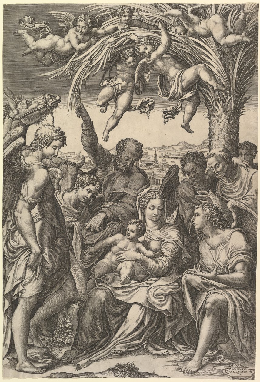 Rust tijdens de vlucht naar Egypte, de Heilige Familie onder een palmboom omringd door engelen, put..., 1578 door Giorgio Ghisi