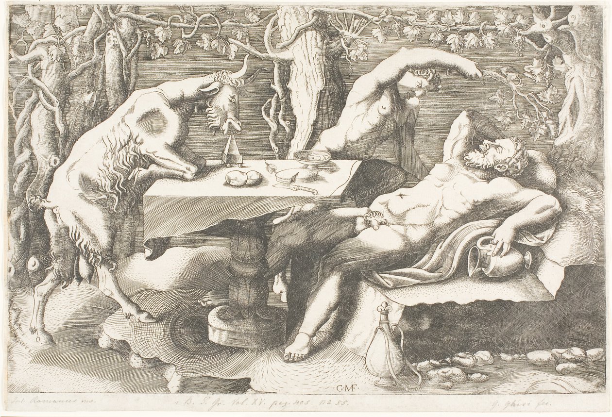 Satyr die Silenus met een Wijnstok Probeert te Wekken door Giorgio Ghisi