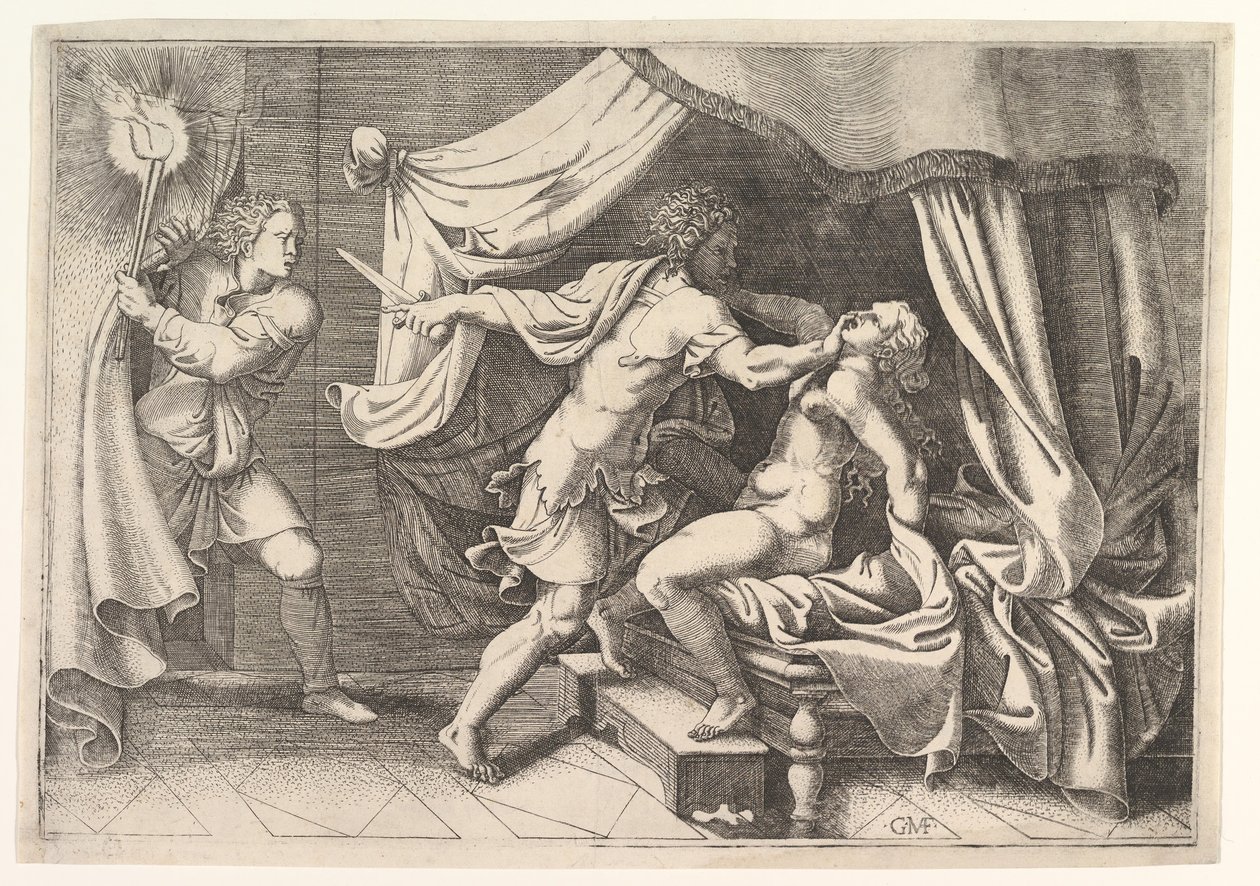 Tarquin valt Lucretia aan, een dienaar links getuige van de scène, ca. 1540 door Giorgio Ghisi