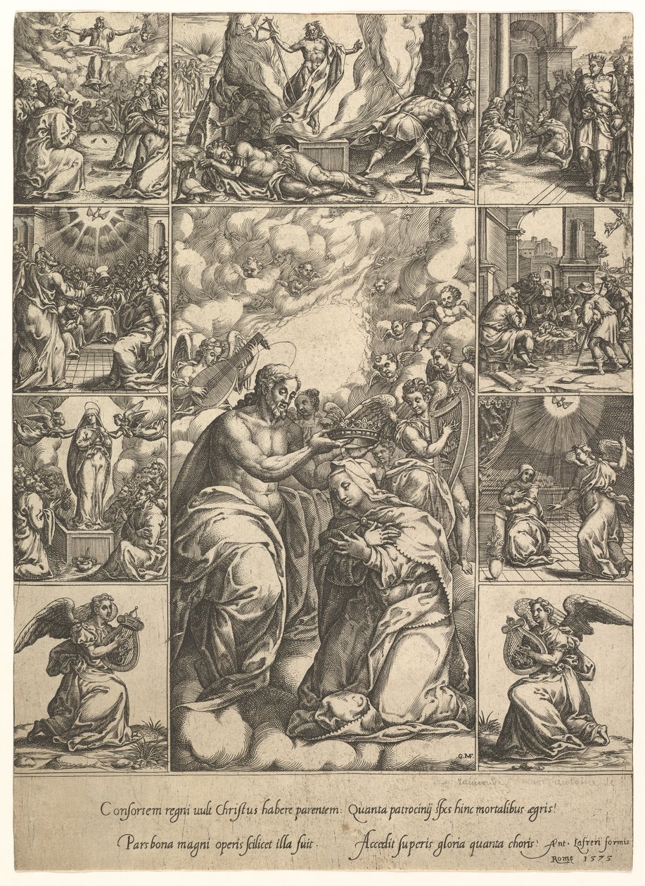 De kroning van de Maagd, omringd door negen vignetten met scènes uit het leven van..., vóór 1575 door Giorgio Ghisi