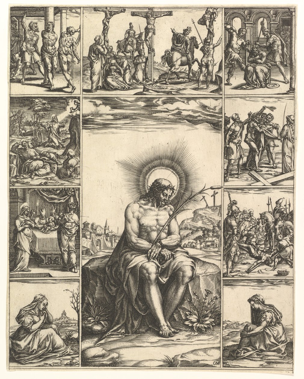 De Man van Smarten, een afbeelding van Christus omringd door negen vignetten die scènes uitbeelden door Giorgio Ghisi