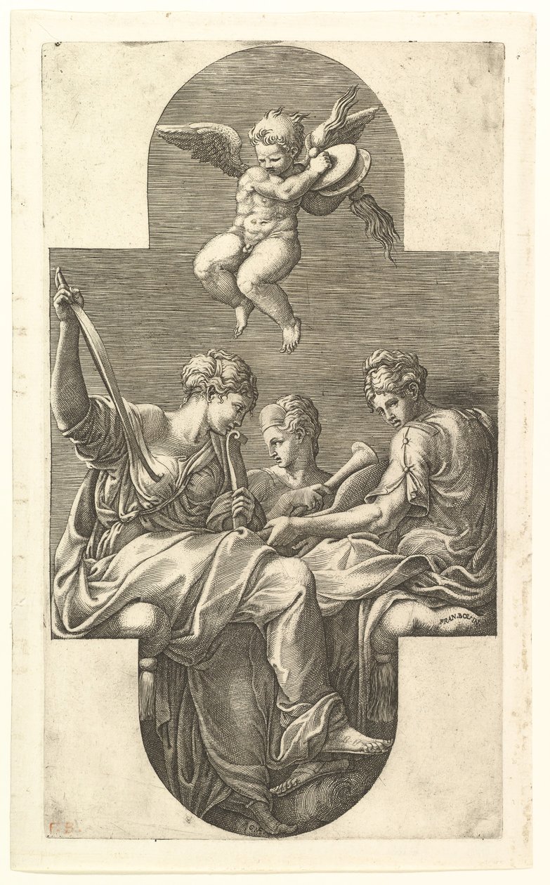 Drie muzen en een putto met cimbalen, een kruisvormige compositie, uit een serie van acht..., 1560s door Giorgio Ghisi