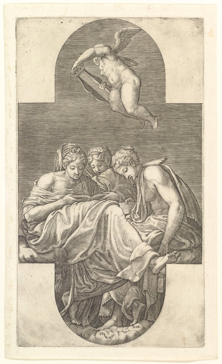 Drie muzen en een putto met een lier, een kruisvormige compositie, uit een serie van acht composities door Giorgio Ghisi