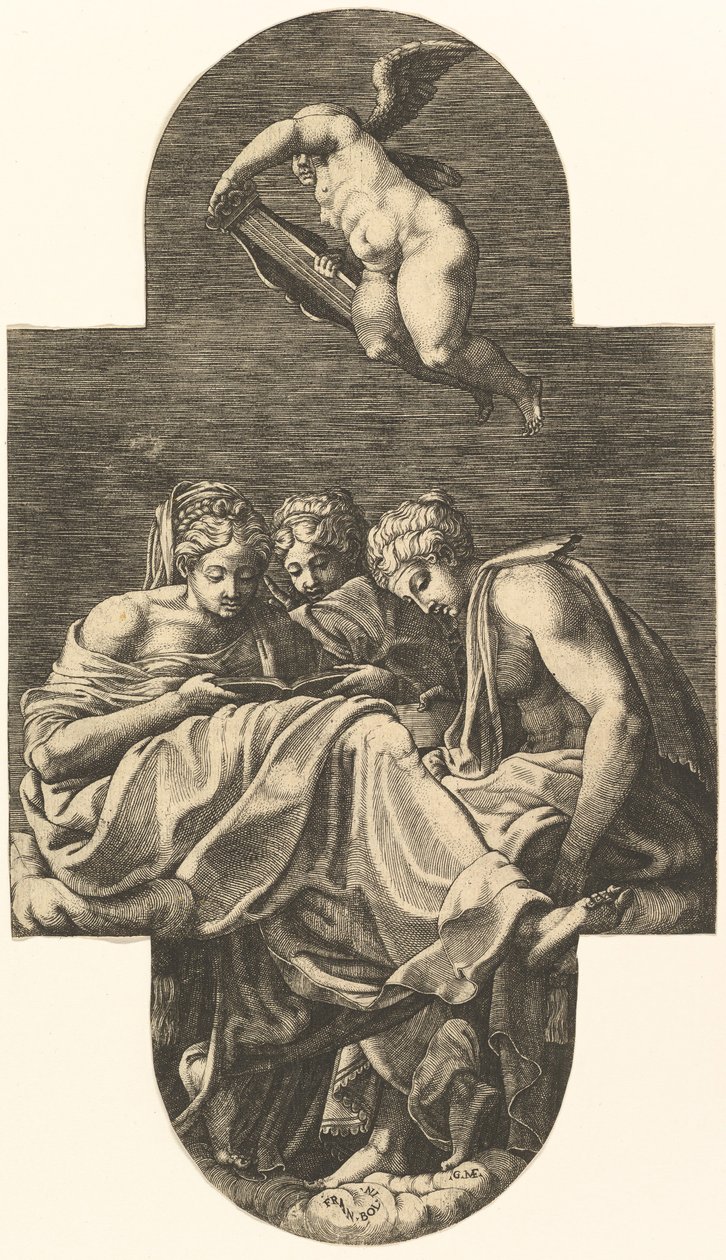 Drie Muzen en een putto boven met een lier, uit een serie van acht composities naar Fran door Giorgio Ghisi