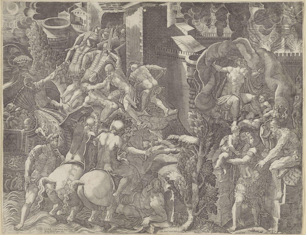 Val van Troje en de ontsnapping van Aeneas door Giorgio Ghisi