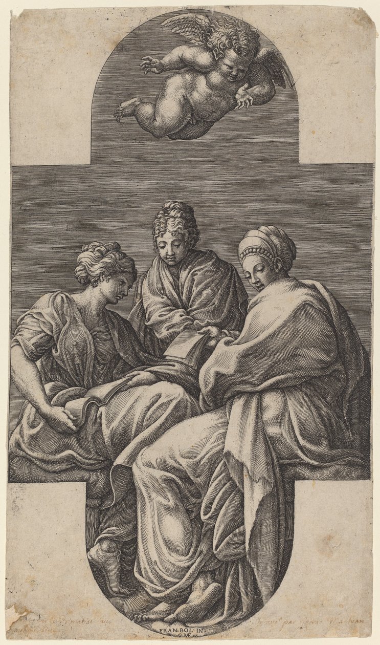 Drie Muzen en een Gebarende Putto door Giorgio Ghisi after Francesco Primaticcio