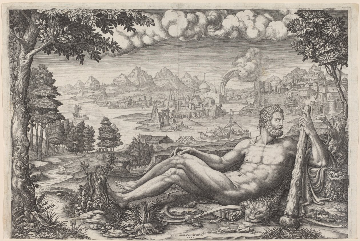Hercules rustend van zijn werken door Giorgio Ghisi after Giulio Romano
