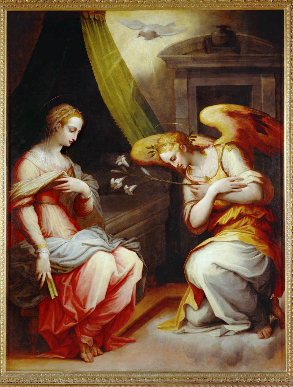 Annunciatie. Middenpaneel van een drieluik. Geschilderd voor het hoofdaltaar van Santa Maria Novella in Arezzo ... door Giorgio Vasari