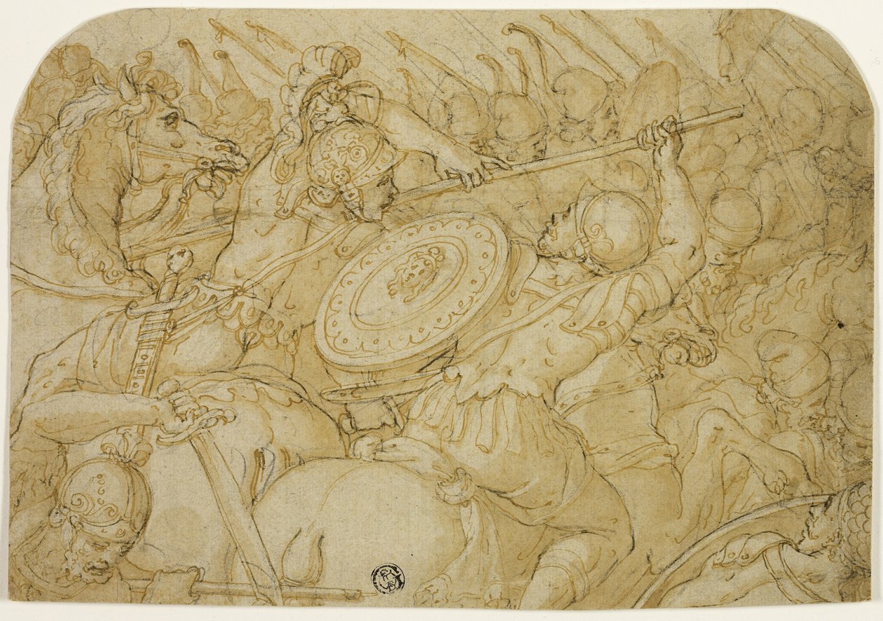 Cavaleriegevecht (recto); Architecturale schets (verso) door Giorgio Vasari