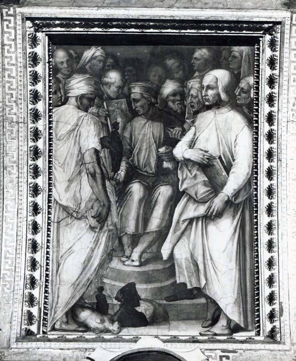Cosimo de Medici zittend tussen filosofen en kunstenaars in de Sala di Cosimo il Vecchio door Giorgio Vasari