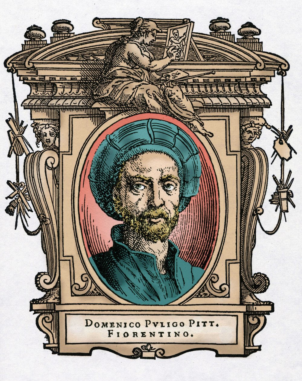 Portret van Domenico PULIGO [1492-1527] Italiaanse schilder. Gravure van het werk Levens van de meest uitstekende schilders, beeldhouwers en architecten (Le Vite de