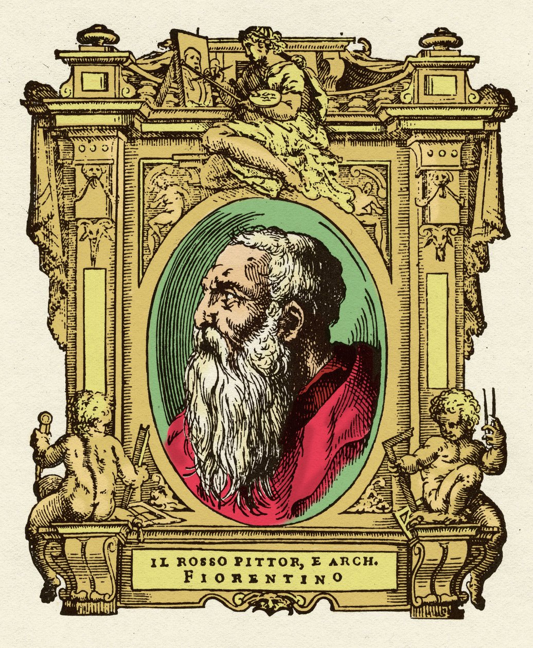 Portret van de schilder Giovanni Battista di Jacopo (Rosso Fiorentino) (1495-1540). Hij was lid van de Ecole de Fontainebleau. Gravure van het werk 