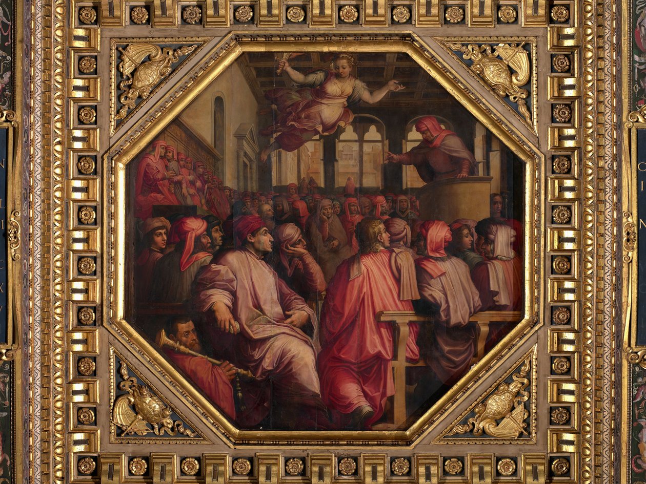 Toespraak van Antonio Giacomini voor de oorlog tegen Pisa in de Sala dei Duecento door Giorgio Vasari