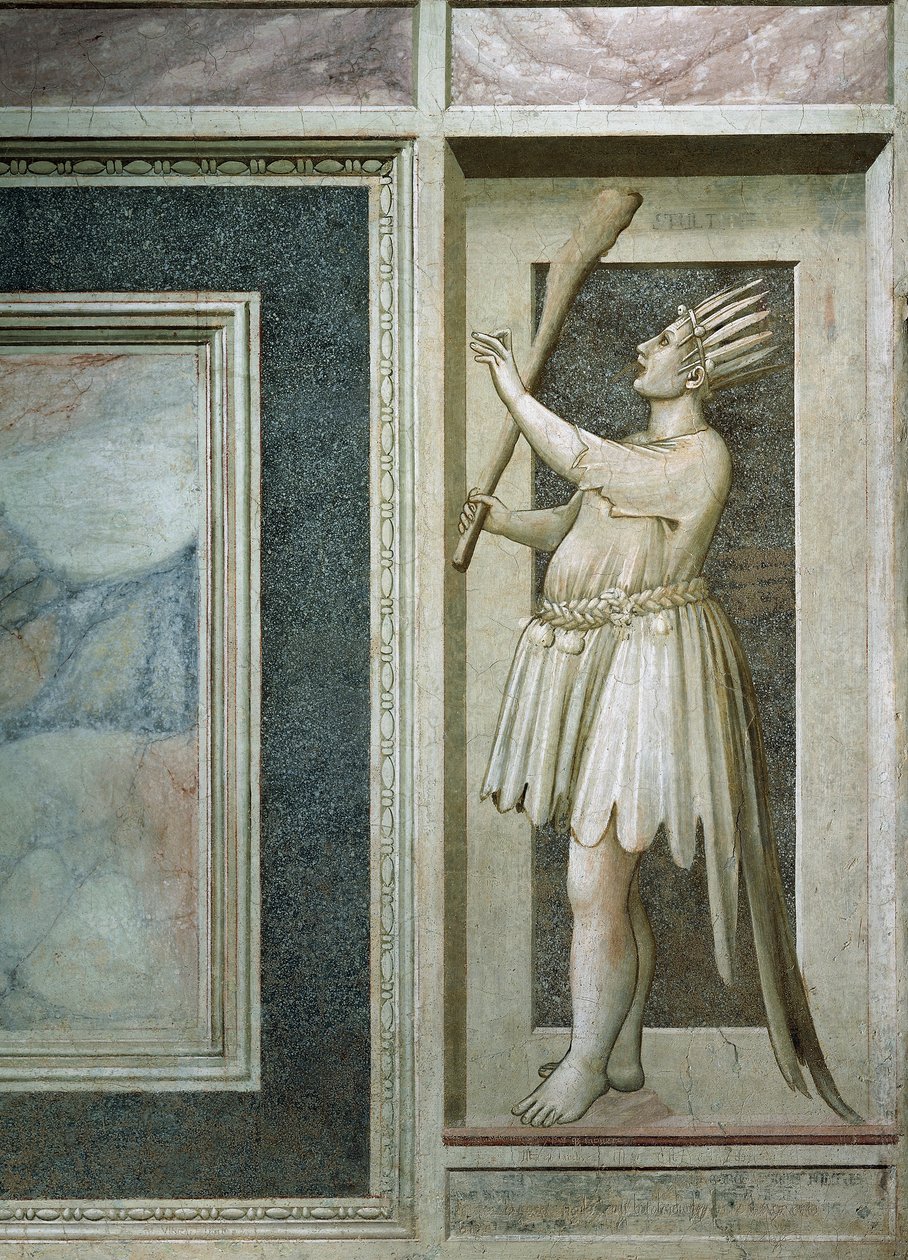 Dwaasheid, mannelijke figuur met mond gesloten door een slot, een knuppel in de rechterhand, hoofd bedekt met veren en pauwenstaart (na restauratie in 2002) door Giotto (c.1266 1337)