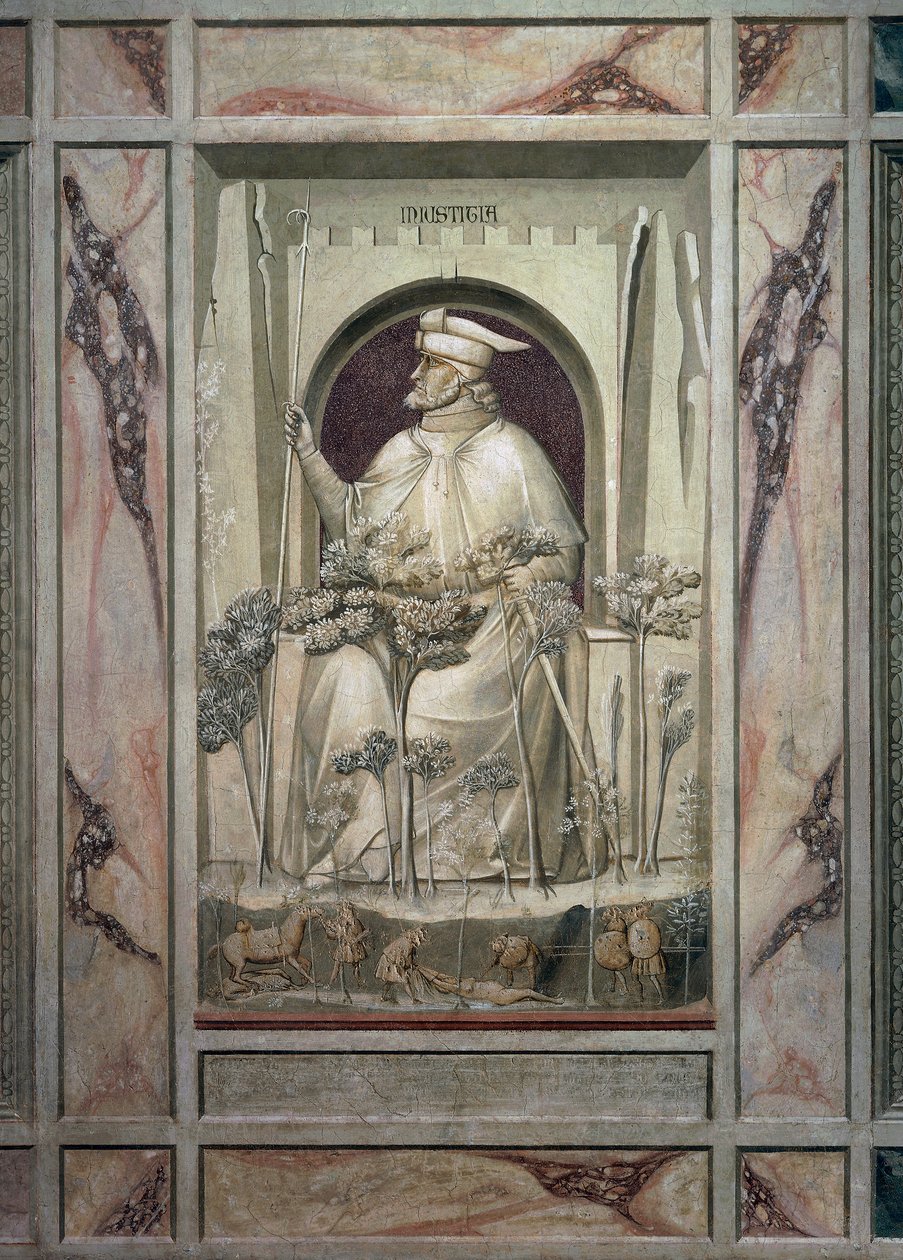 De Onrechtvaardigheid, een oude man met een zwaard in zijn handen terwijl voor hem de bomen van het kwaad groeien, door Giotto, (detail) uit de cyclus van fresco