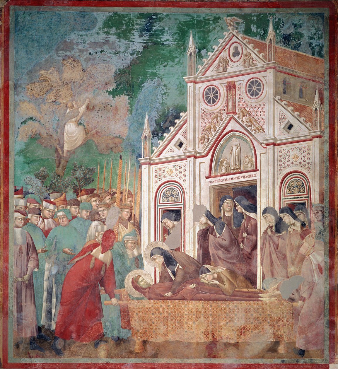 De begrafenisstoet van Sint Franciscus van Assisi stopt voor Sint Damiaan zodat Sint Clara het lichaam kan vereren door Giotto (c.1266-1337)