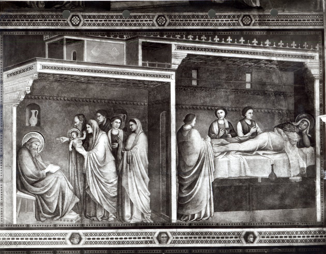 De geboorte van Johannes de Doper en zijn vader Zacharias die zijn naam schrijft door Giotto di Bondone