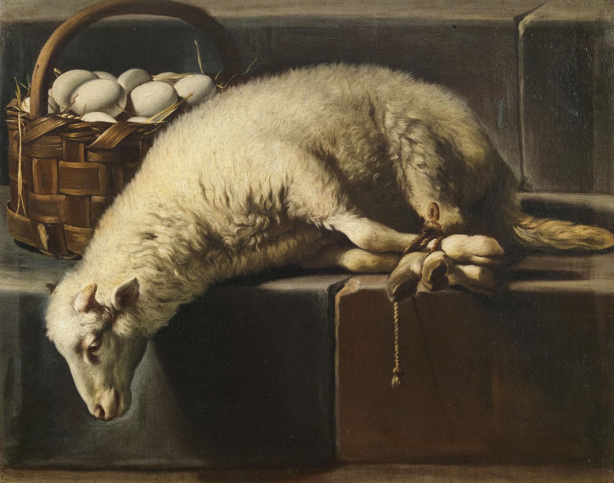 Een vastgebonden lam naast een mand met eieren Allegorie van Pasen, tweede helft van de 17e eeuw door Giovan Battista Recco