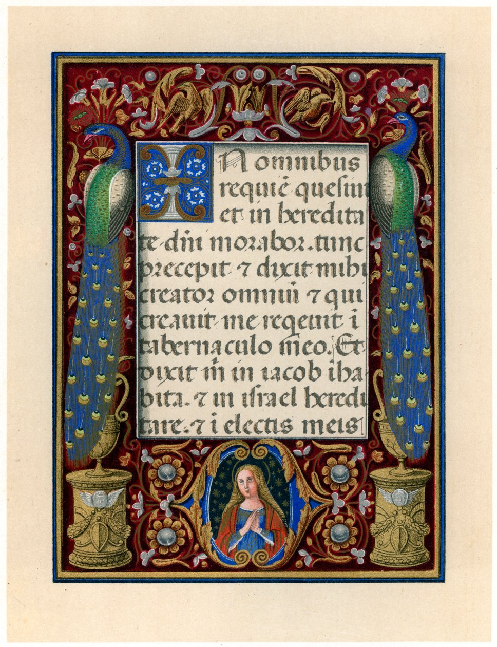Tekstpagina met de Maagd en twee pauwen, ca. 1490 door Giovan Pietro Birago