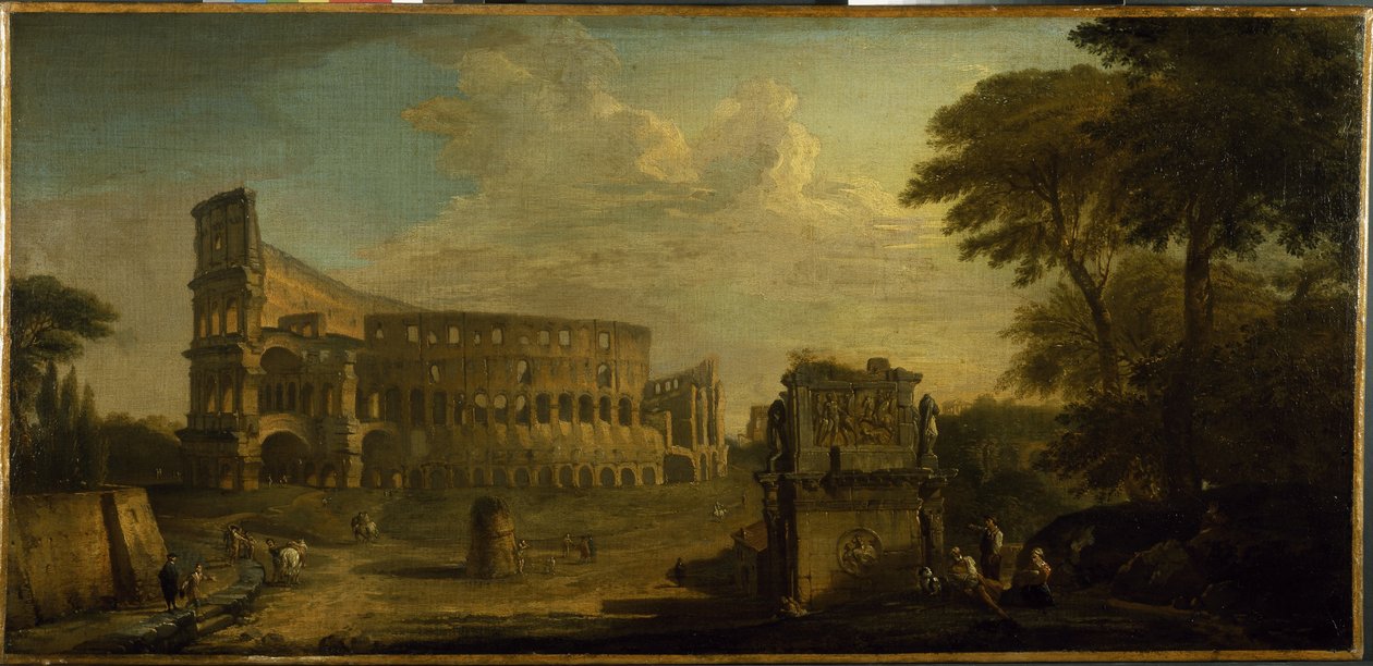 Een uitzicht op het Colosseum, Rome door Giovani Paolo (attr. to) Panini